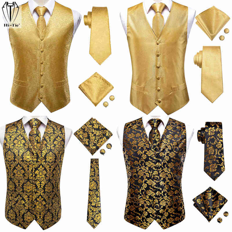 

HiTie Luxury Silk Mens Vests Gold Yellow Orange Vest Jacket Tie Hankerchief Cufflinks For Men Dress Suit Wedding business J220811, Mj-0015 type
