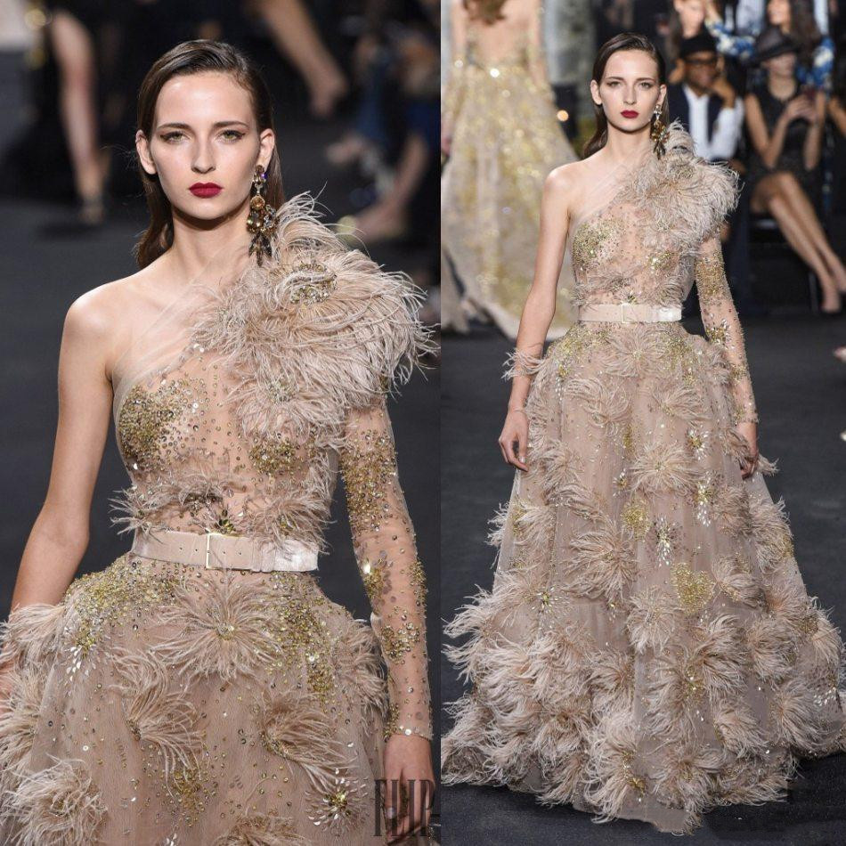 Champagne Autruche Plume A-ligne Robes De Bal Sexy Paillettes Perles Satin Une Épaule Une Manches Longues Paillettes Élégant Étage Longueur Dente