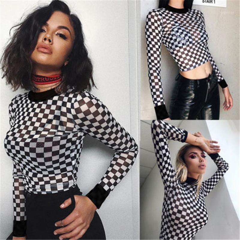 

Women' T-Shirt Stylish Slim Women Plaid Long Sleeve Mesh Bodycon T-shirts Stretch Ladies Leotard Crop Tops T Shirt