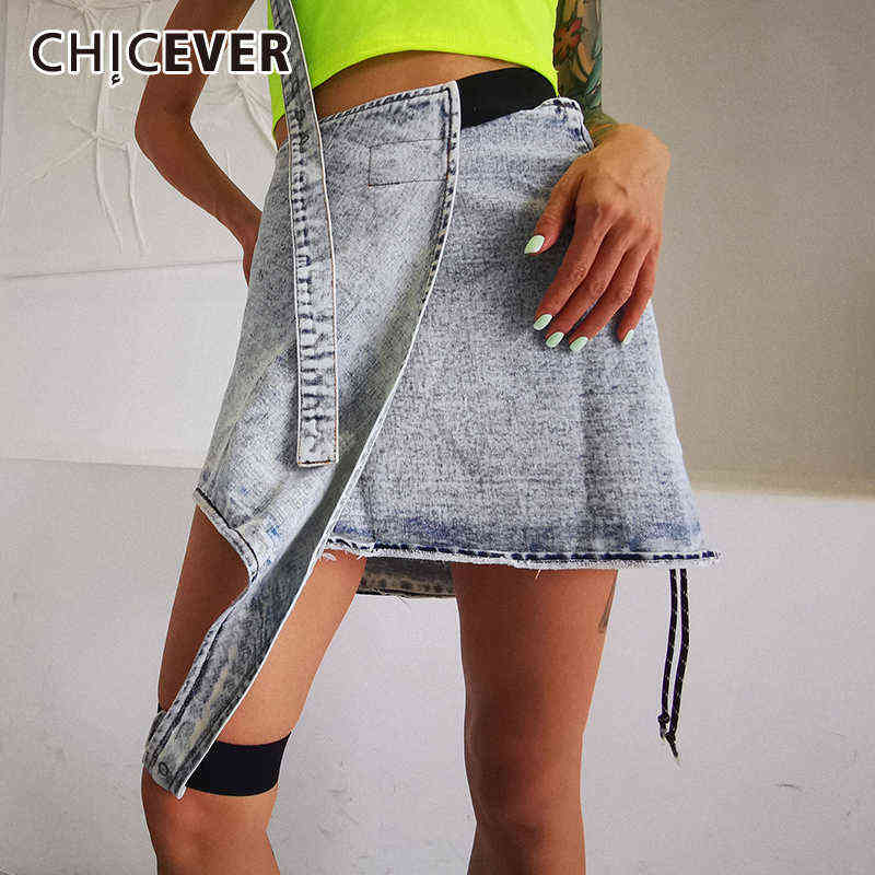 

CHICEVER Asymmetrical Denim Skirt For Women High Waist Irregular Hem Casual Blue Mini Skirts Female 2021 Summer Fashion Clothing T220819
