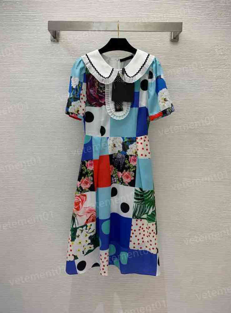 

Womens Designer Dresses Fashion Contrast Color Plaid Polka Dot Flower Print Short Sleeve Dress High Quality Women Clothing 0912