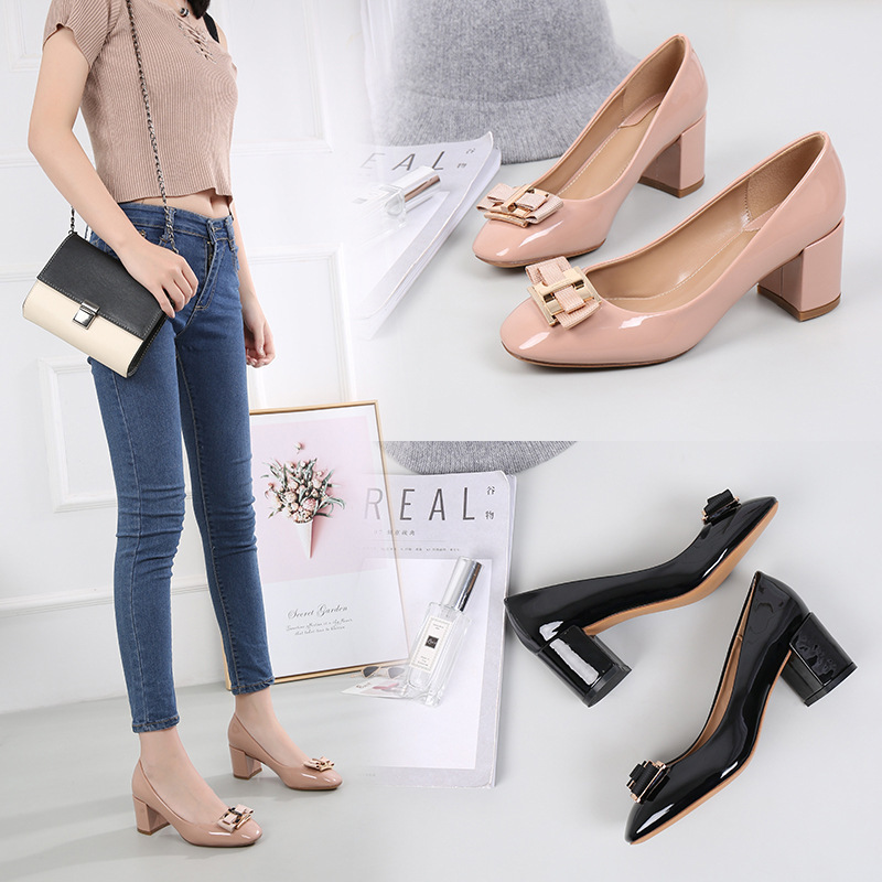 

Fashion Sandals Flat Bottom Small Red Shoes Fashion Bow Thick Root Sheepskin Anti Slip Wear Resistant Bright Patent Leather Wedding Party Dinner High Heels, Foam