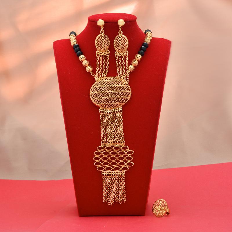 

Earrings & Necklace Dubai Jewelry Sets For Women Girls 24k Gold Color Hoop Wedding Set African Hawaiian Ethnic StyleEarrings, As pic