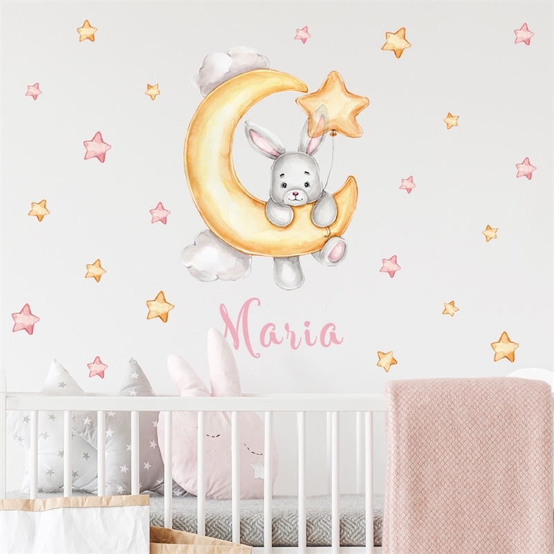 

Cartoon Bear Moon Stars Clouds Custom Baby Name Watercolor Nursery Wall Stickers Vinyl Wall Decals Mural Kids Room Home Decor 220613