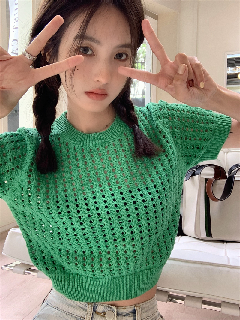 Tricots pour femmes Haut court en tricot creux pour fille Design d'été Petit vent doux Chic Pull vert Ventre nu Pull à manches courtes Couleur un