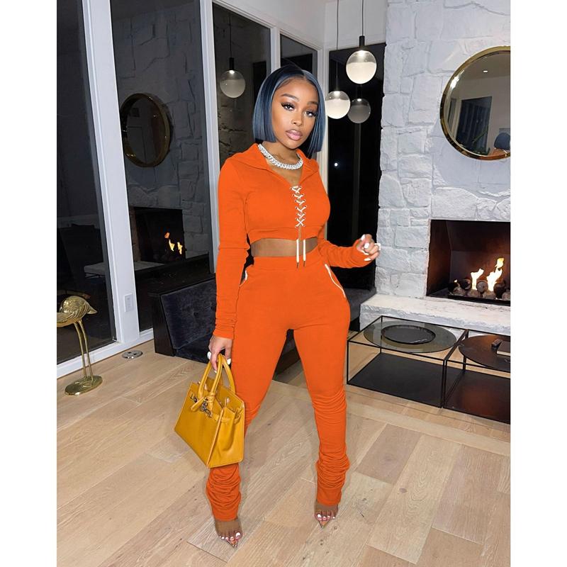 

Women' Two Piece Pants Fall Sexy Set Hooded Sweater Top+Stacked Leggings Sets Tracksuit Women Club Outfit Streetwear Wholesale Items, Black