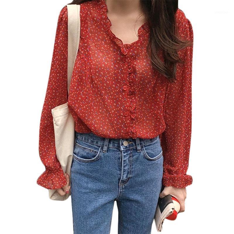 

Women Autumn Chiffon Blouse Vintage Boho Floral Puff Long Sleeve Loose Shirts 2022 Sexy Ruffled V-Neck Button Down Casual Tops Women's Blous, As picture shown