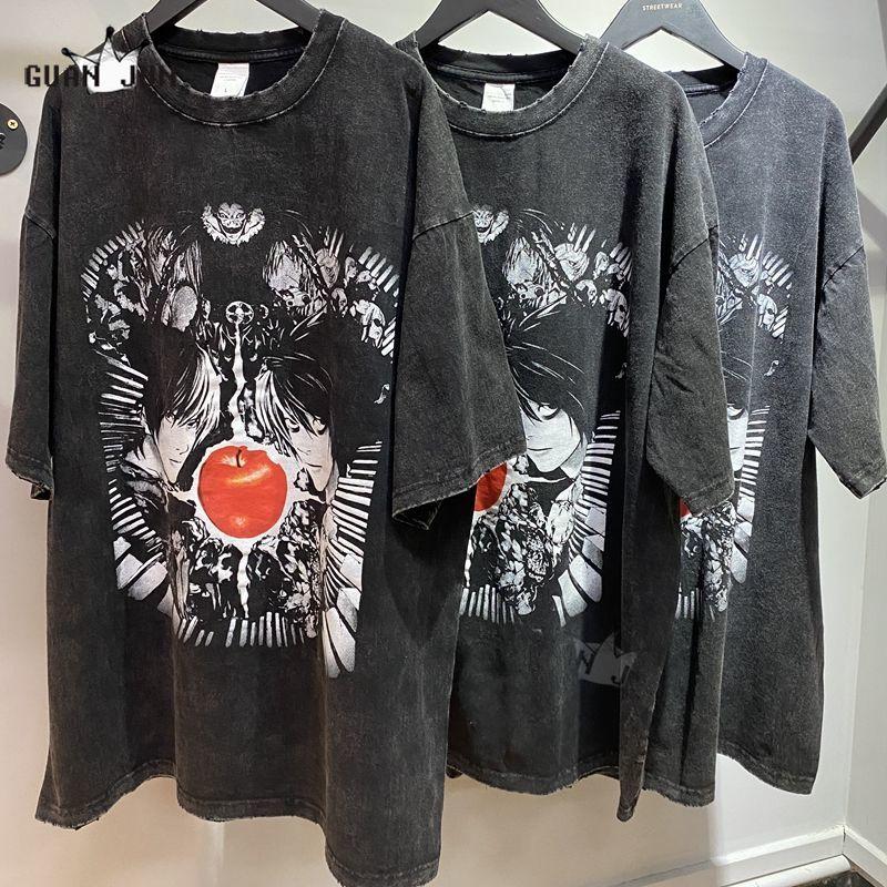 Men's T-Shirts Anime Death Note Printed T Shirt Men Retro Washed 100% Cotton Tops Tees Harajuku Tshirt 2022 Streetwear Hip Hop Male T-shirts