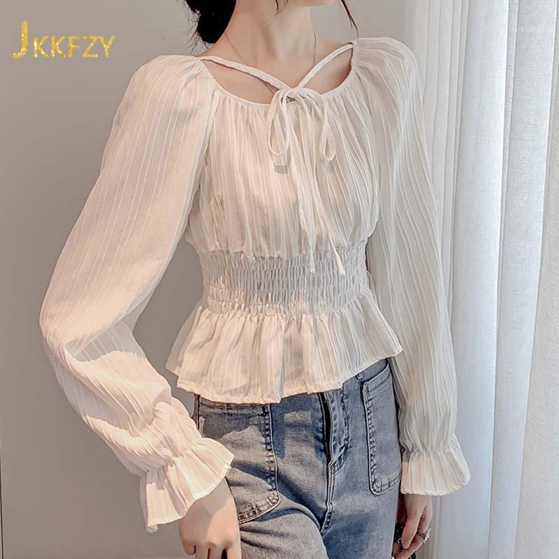 

Spring Fashion Tie Long Sleeve Short Shirt Women O Neck Elastic Waist Solid Blouse Elegant Femme Chemise Frau Hemd Women' Blouses & Shirts, Khaki