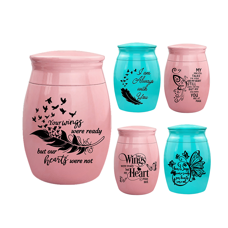 

Mini Cremation Pendant Urn Memorial Pet Human Ashes Stainless Steel Funeral Casket Engraved Butterfly Feather Cat Dog Keepsake Urns 30x40mm