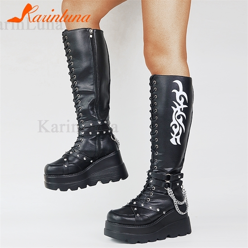 

Brand Design Gothic Style INS Fashion Boots Women Shoes Black Wedges High Heels Buckles Platform Boots Female Plus Size 50 220813, Black 5