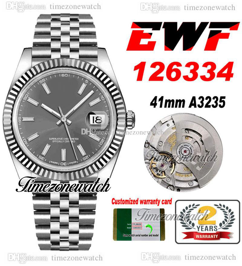 

EWF 41 126334 A3235 Automatic Mens Watch Fluted Bezel Gray Dial White Stick Markers JubileeSteel Bracelet Same Serial Card Super Edition Timezonewatch B2, Custom warranty card
