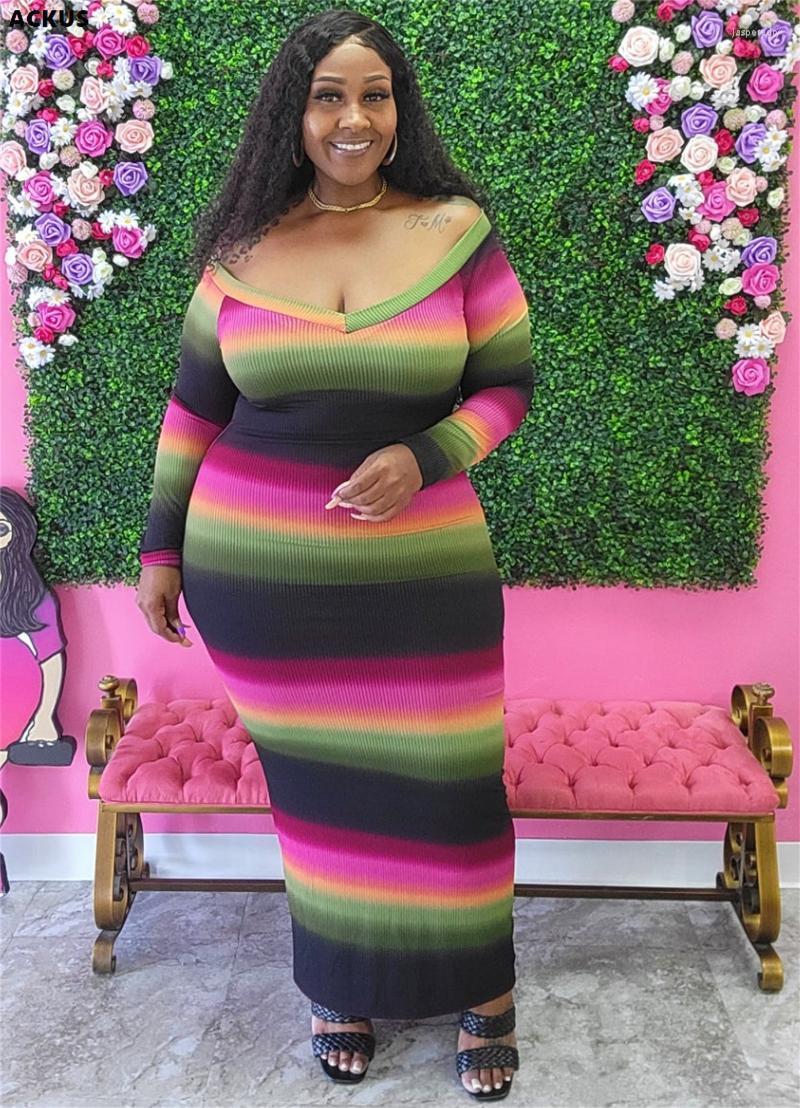 

Plus Size Dresses Ackus Autumn Winter Women Sexy Dress Gradient Print Long Sleeve V Neck Ankle Length Fashion Female Jasp22, Green