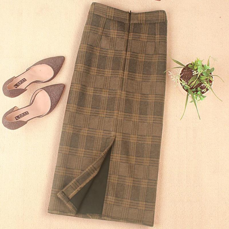

Skirts Woolen Plaid Women 2022 Split Warm Thick Pencil Step SkirtsSkirts, Khaki
