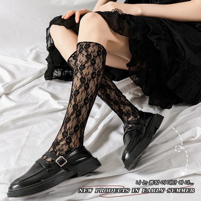 

Socks & Hosiery Spring And Summer Lace Rose Cute Girl Breathable Mesh JK Lolita Transparent Calf Retro Hollow Mid-Tube SocksSocks, White-short