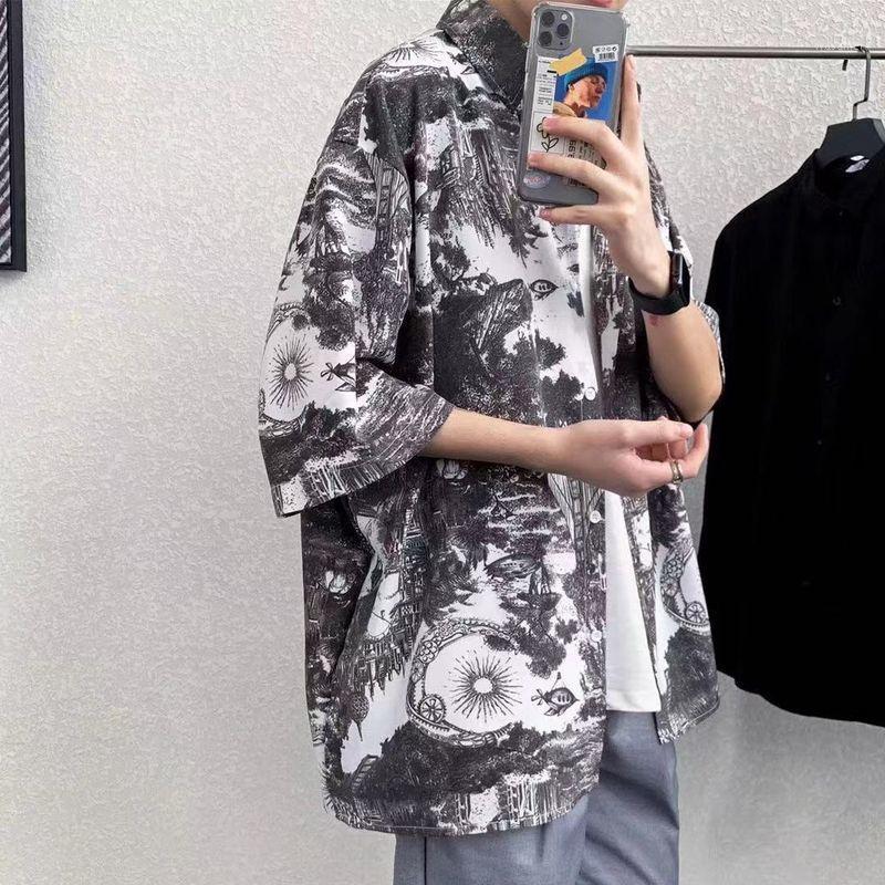 

Men's Casual Shirts Shirt Hawaiian Flower Printed Top Korean Handsome Loose Plus Size Fashion Short-sleeve Jacket 2022 Summer Clothes, Orange