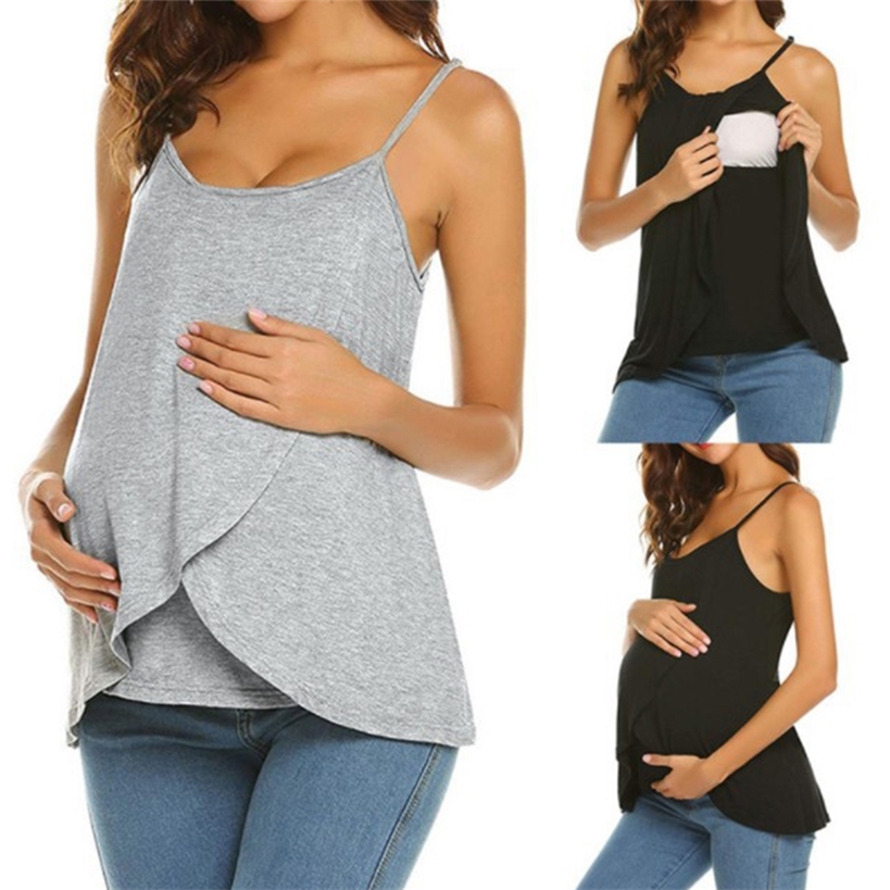 

Women Pregnant Strappy Vest Nursing Tops Maternity Breastfeeding T-Shirt Summer Fashion Pregnancy Wear 220419, Black