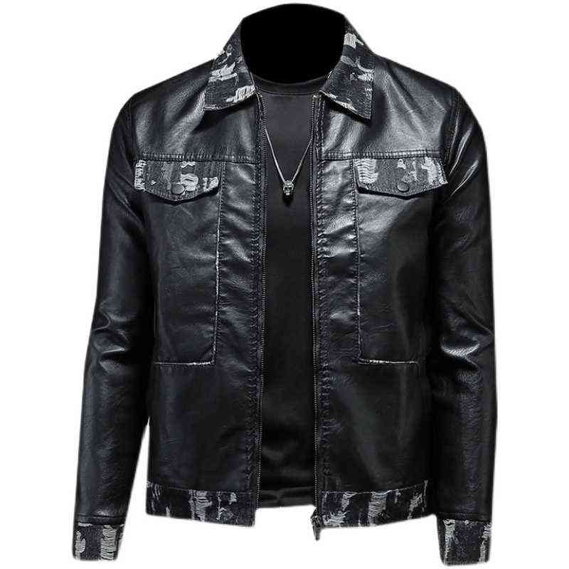 

2022 autumn and winter new camouflage denim stitching slim leather men's / lapel locomotive handsome leather jacket men 4XL T220728, Black