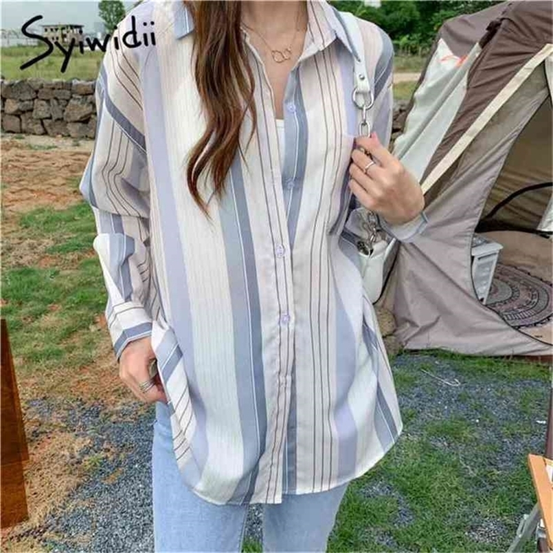 

Striped Button Up Blouses Women Turn-down Collar Long Sleeve Tops Loose Clothes Summer Korean Fashion Shirts 210607