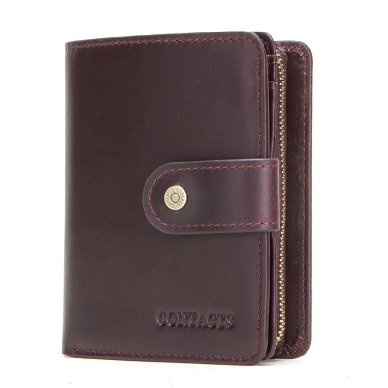 

CONTACT'S Genuine Leather RFID Vintage Wallet Men With Coin Pocket Short Wallets Small Zipper Walet With Card Holders Man Purse SH-M1280, Brown