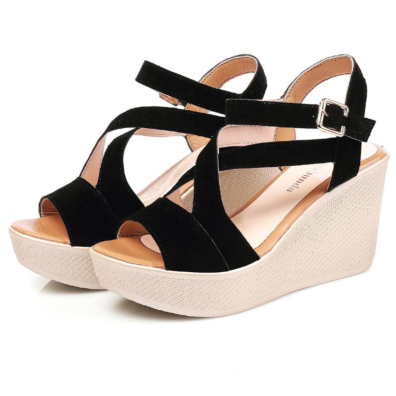 

Dress Shoes Women Sandals Ladies Fish Mouth Platform Slope High Heels Fashion Roman Buckle Strap Elegant Black Footwear