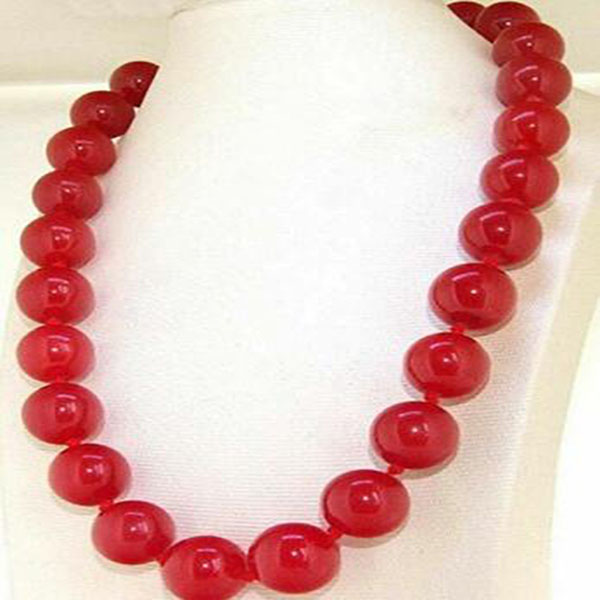 

Rare Handmade 14mm Natural Red Jade Gemstone Round Beads Necklace 18"