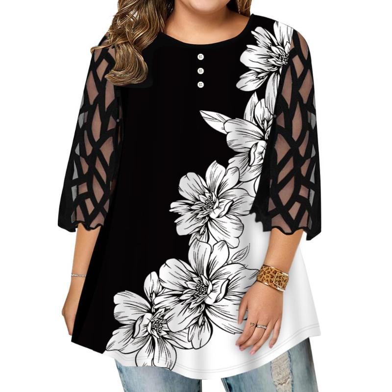 

Women's Plus Size T-Shirt Women TShirt Abstract Flower Print Big Yards Tops Spring Autumn Lace Transparent Long Sleeve Ladies Street Hipster, M855-red