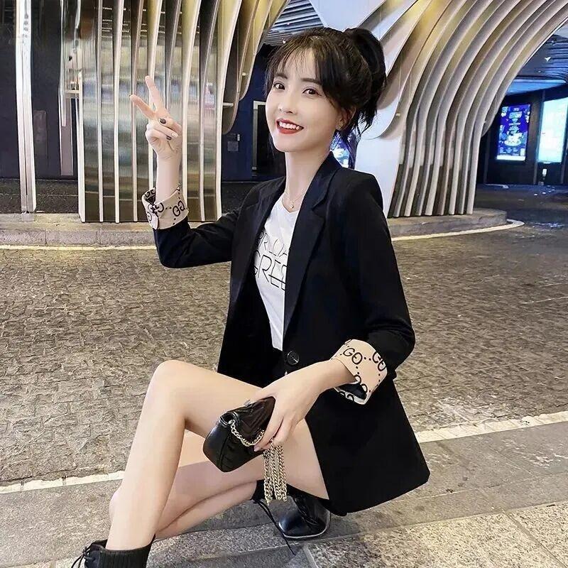 

Women' Suits & Blazers Black Suit Blzer For Women Short Top Spring/Autumn Three Quarter Sleeve Flanging Leisure Korean Khaki Crop WomanWome, Apricot 3 4 sleeve