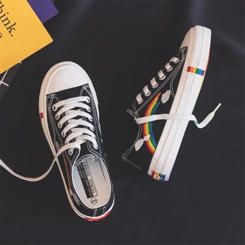 

Designer Rainbow Platform Lace Up Women Canvas Shoes Running Basket Sport Flat Sneakers Fashion Espadrilles Flats White Black 220616