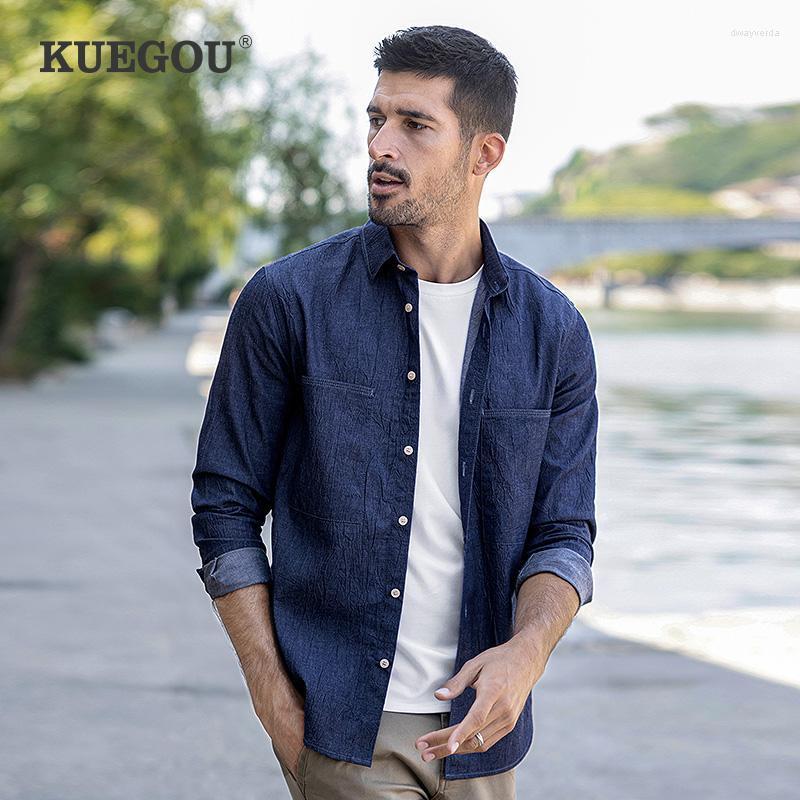 

Men's Casual Shirts Autumn Men Jeans Long Sleeve Fashion Crease Denim Shirt High Quality Two Pockets Blue Top Plus Size 20560Men's Dway22
