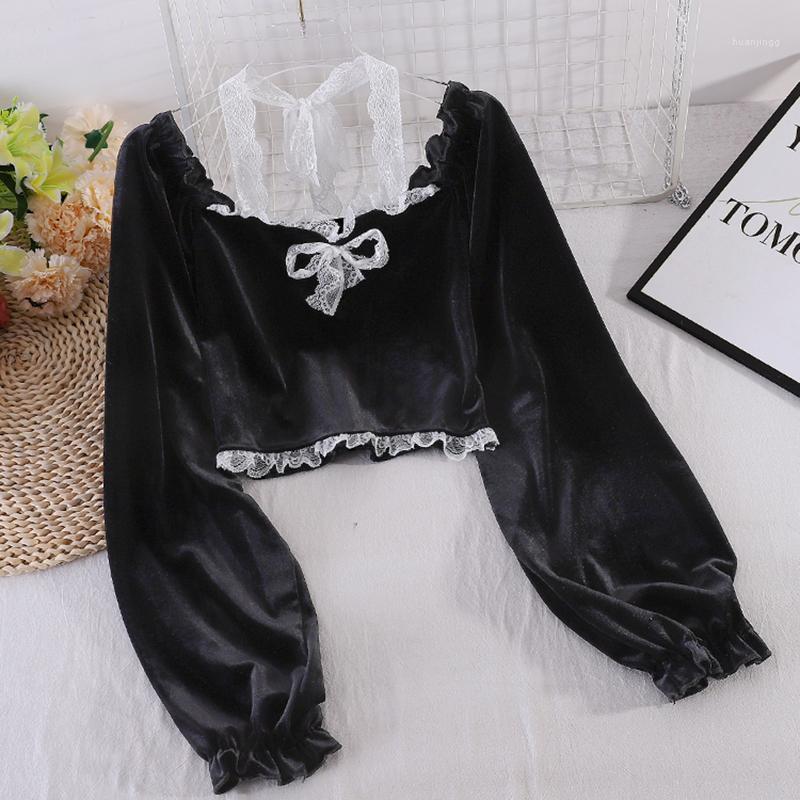

Women's Autumn Style Blouse Halter Lace Stitching Strapless Shirt Short Long-Sleeved Velvet Top Female GX1132 Blouses & Shirts, Biack