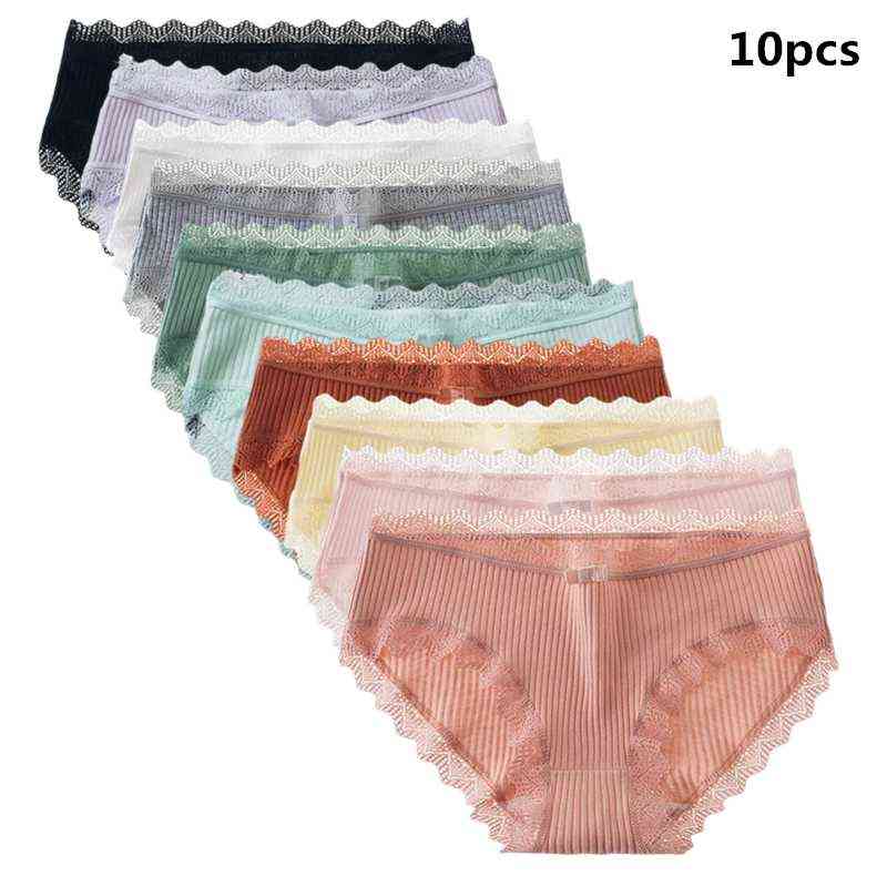 

Japanese Casual Cotton Women Panties Lace Mid-waist Underwear Threaded Briefs Solid Color Ladies Lingerie Underpants Breathable T220810, Mix clolor