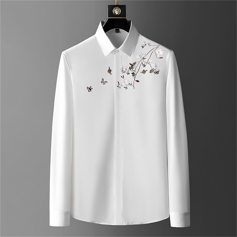 

Brand Embroidery Men's Shirt Autumn Long Sleeve Casual Business Dress Shirt Slim Streetwear Social Tuxedo Men Clothing 220401, White