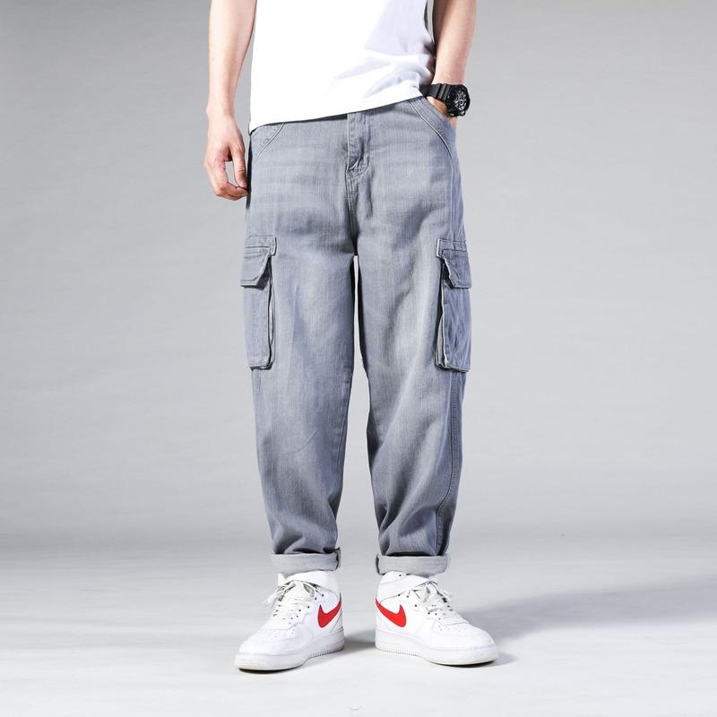 

Men's Jeans Loose Baggy Harem Men Casual Cargo Pants Wide Leg Big Pocket Hiphop Denim Trousers Man ClothingMen's, Gray