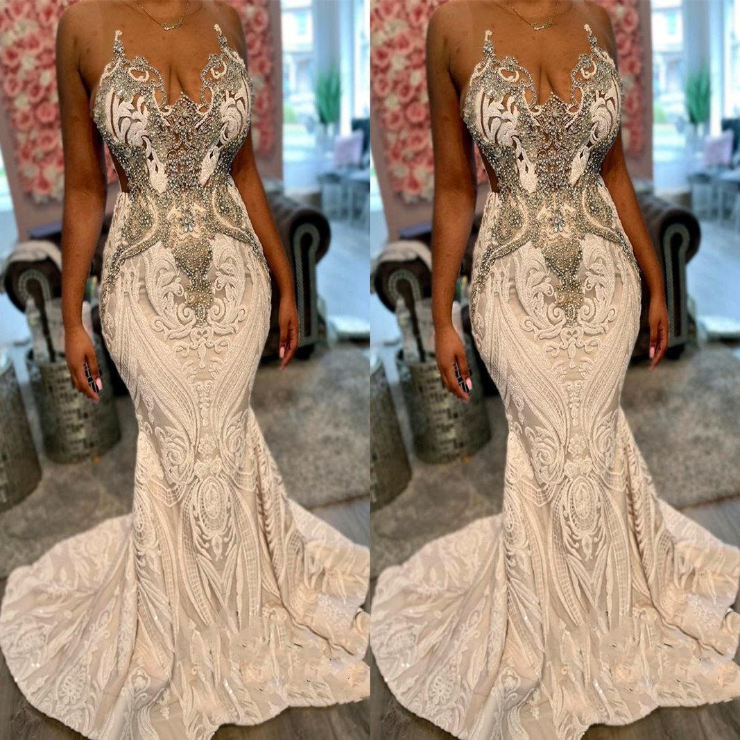 Plus taille arabe aso ebi ivory sirène luxueuse robes de bal cristaux de la soirée de soirée de soirée deuxième réception anniversaire robes de f