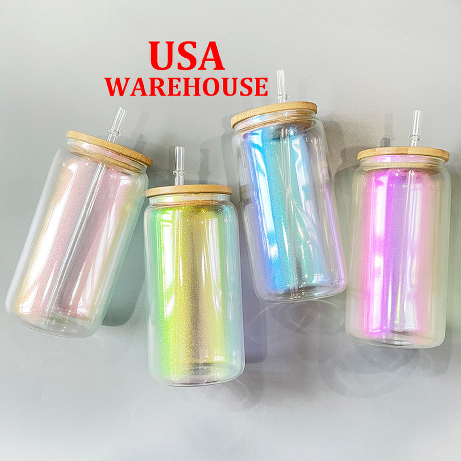 

12oz 16oz Sublimation Iridescent Glass Can Rainbow Glasses Shimmer Beer Glass Tumbler Frosted Drinking with Bamboo Lid and Reusable Straw Holographic Color sxmy1, Blue