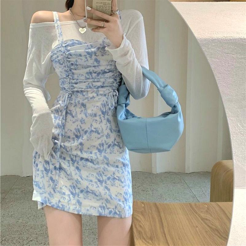 

Casual Dresses French Elegant Y2k Mini Dress Women Slim Tie Dye Strap Floral Korean Fashion 2022 Summer Party Beach 2 Piece Set Female, Shirt and dress