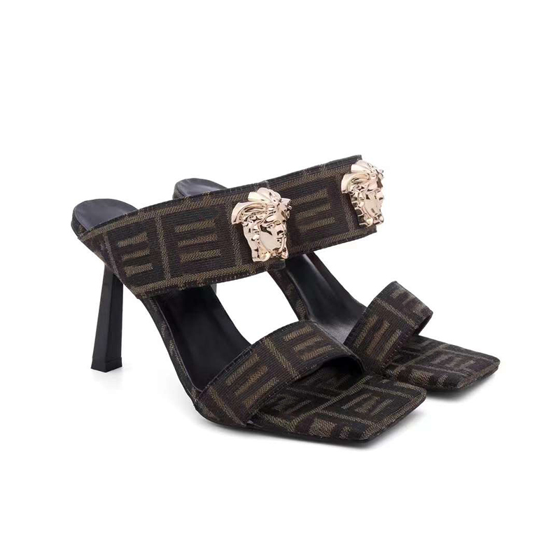 Women Cowhide Print Sandals Fashion Square Head Mules Sandal Designer High Heel Shoes Calf Leather Pumps Lady Wedding Dress Shoes Wih Box NO392