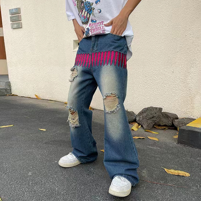 

Embroidery Mens Jeans High Street Wash Knee Cut Hip Hop Baggy Denim Trousers Pants, Blue