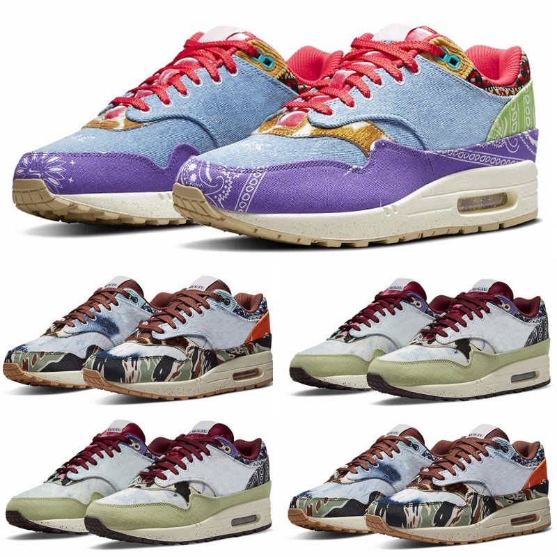 

1 87 Mens Running Shoes Sneaker Concepts x Far Out Mellow Heavy Oil Green Multi Color Sail Wild Violet 1s Men Women Outdoor Trainer Designer Sports Sneakers Shoe 36-47, Pay for box