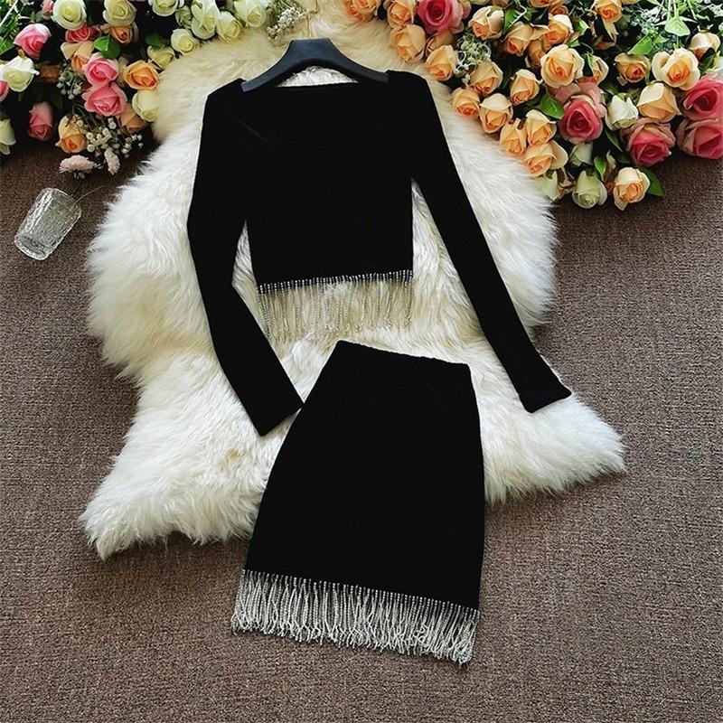 

Work Dresses 2022 Fashion Autumn Two Piece Cotton Tops + Tassel Skirt Lady Long Sleeve Women Suits Girl Black Tees Bottomings