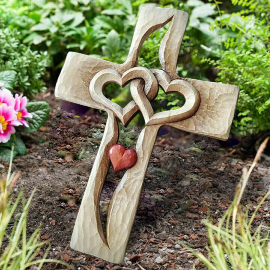 Love cross Party Decoration Caved wooden cross intertwined hearts-image-760950952