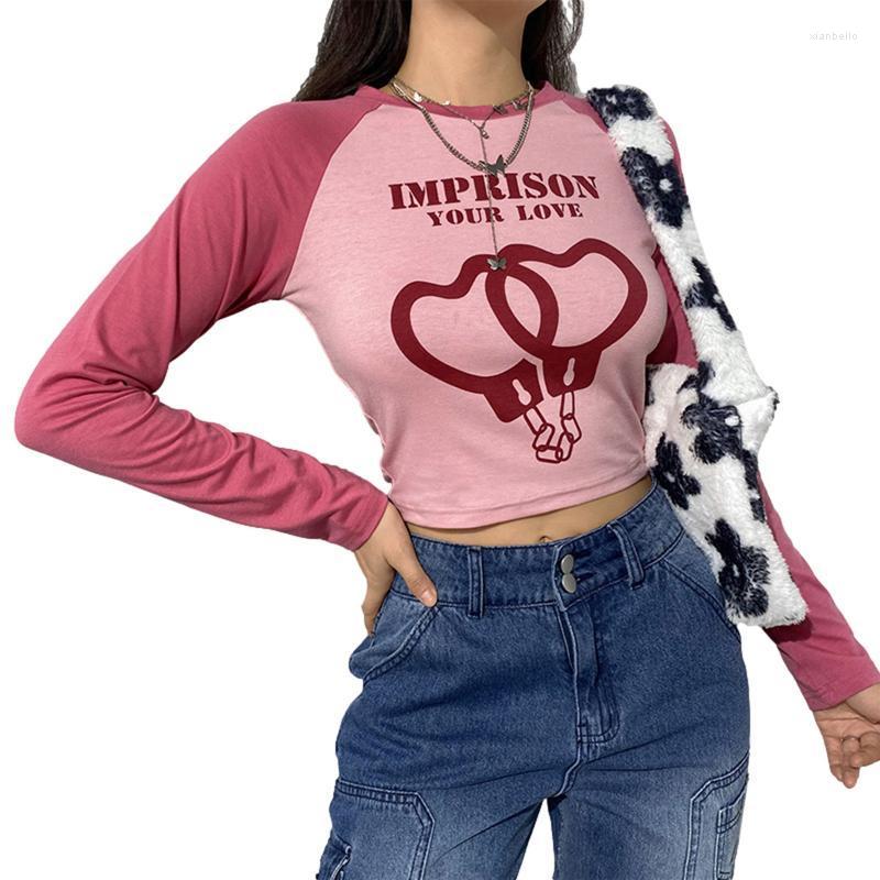 

Women' T-Shirt 2022 Ladies Autumn Round Collar Heart Letter Printing Raglan Long Sleeve Mixed Color Midriff-baring Tops Slim Base Shirt, Lavender