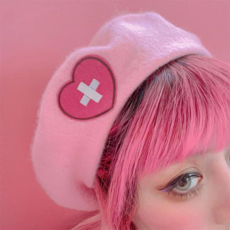 

Berets Pink Girl Beret Japanese Cute Harajuku Y2K Sweet Heart Love Cross Wool Embroidery Kawaii Women Hat Lolita AccessoriesBerets