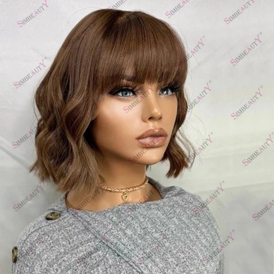 

Light Brown Human Hair Fringe Wigs for Women Glueless Easy Install Bob Brown Machine Made Wig with O Shape Silk Top, As picture color