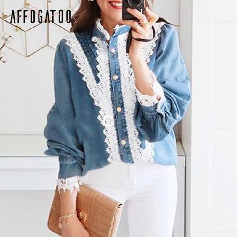 

Women' Blouses & Shirts Affogatoo Vintage Denim Blue Women Blouse Shirt Autumn Winter Long Sleeve Lace Top Elegant Work Wear Casual Cute La