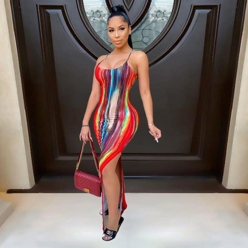 

Casual Dresses Sexy Club Party Women' Clothing Tie-dye Print Suspender Backless Split Dress Stylish Elegant For WomenCasual, Blue