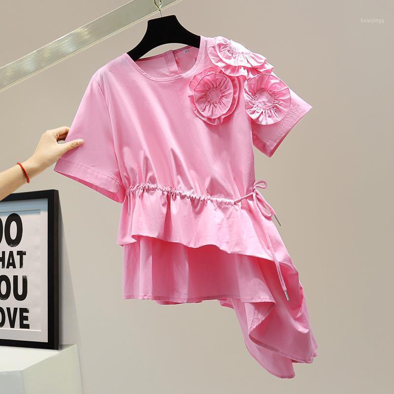 

Women' Blouses & Shirts Three-dimensional Flower Tie Waist Shirt 2022 Summer Korean Version Loose And Thin Solid Color Irregular Ruffle Tre, Pink