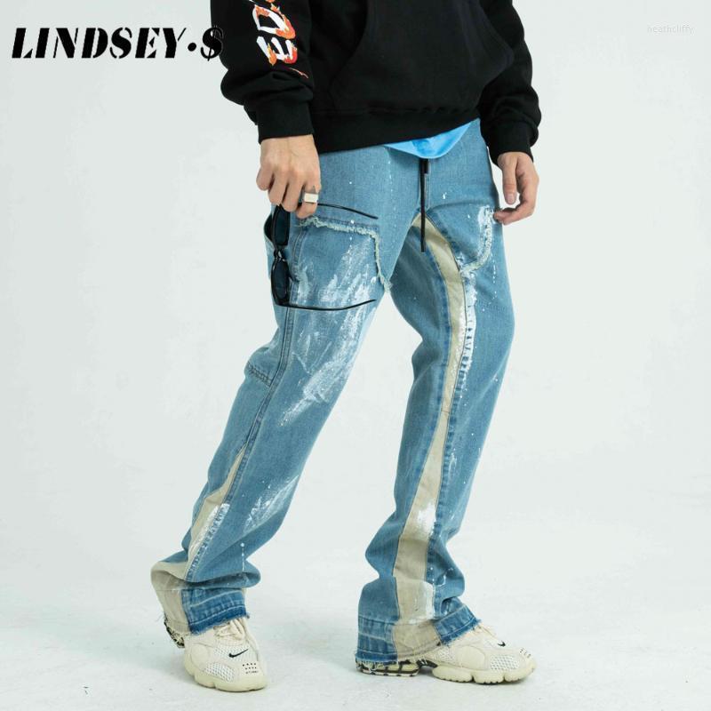 

Men's Jeans LINDSEY SEADER 2022 Hip Hop Denim Pants Flare Patchwork Men Streetwear Harajuku Baggy Autumn Harem Trousers Heat22, Blue