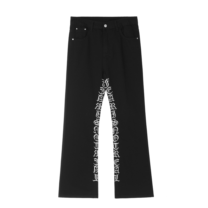 

Letter Embroidery White Black Men's Jeans Pants Straight Baggy Denim Trousers